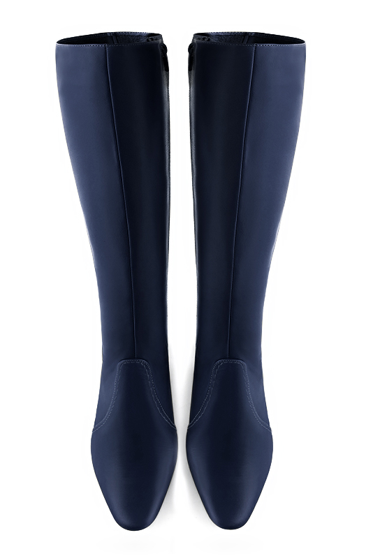 Navy blue women's feminine knee-high boots. Round toe. Low flare heels. Made to measure. Top view - Florence KOOIJMAN